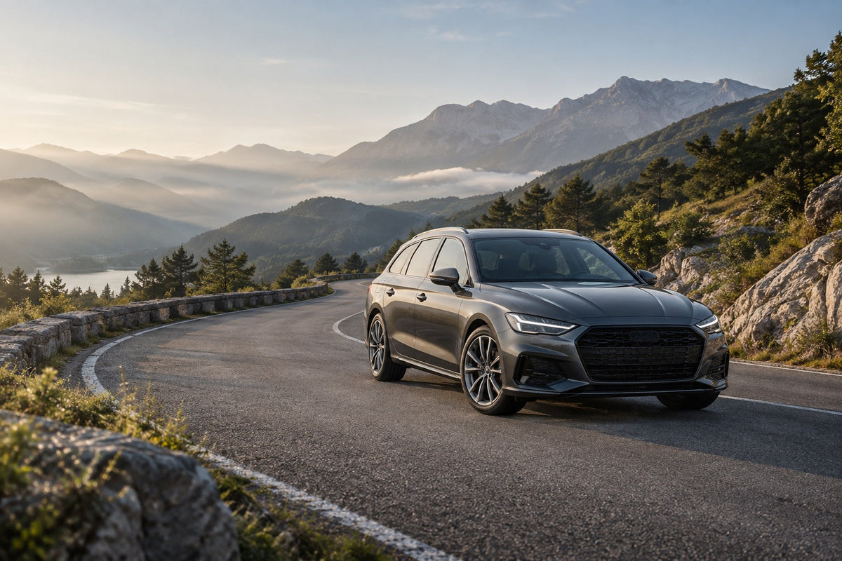 A car on a mountain road in morning light